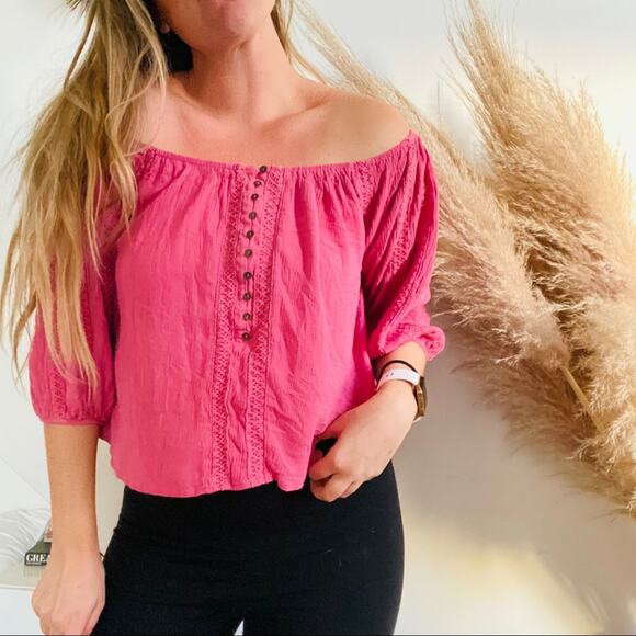FOREVER 21 F21 Pink Crochet Off Shoulder Boxy Oversized Crop Top Shirt Blouse M - Picture 1 of 6